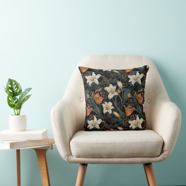 Cream and Orange Dayliies Floral Throw Pillow (Chair)