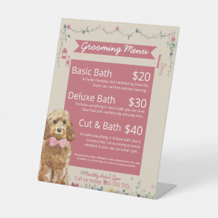 Cream and Pink Floral Dog Grooming Services Menu Pedestal Sign