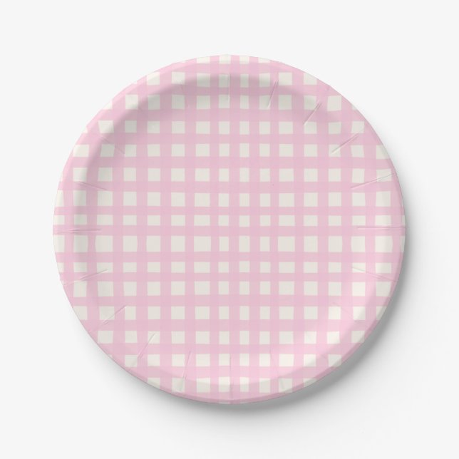 Cream and Pink Textured Imperfect Gingham Pattern Paper Plates (Front)