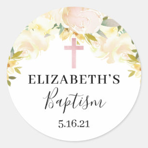 Cream and Pink Watercolor Floral Baptism Favor Classic Round Sticker