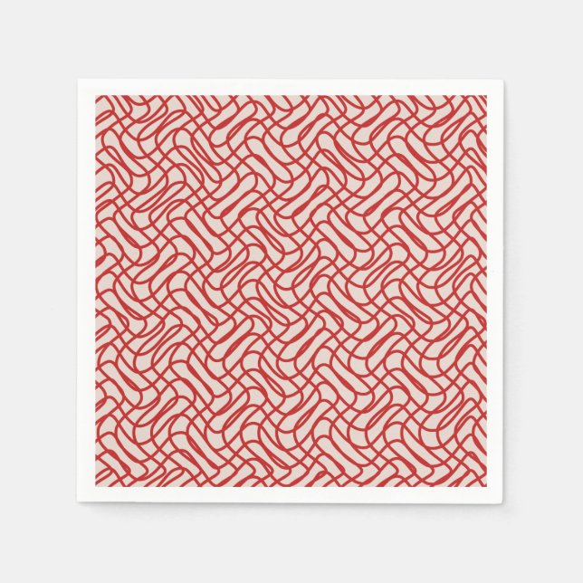 Cream And Red Abstract Line Pattern Napkins (Front)