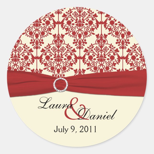Cream and Red Damask 1.5" Round Sticker (Front)