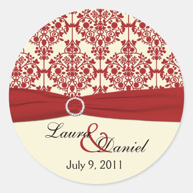 Cream and Red Damask 1.5" Round Sticker (Front)