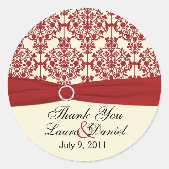 Cream and Red Damask 1.5" Thank You Sticker (Front)