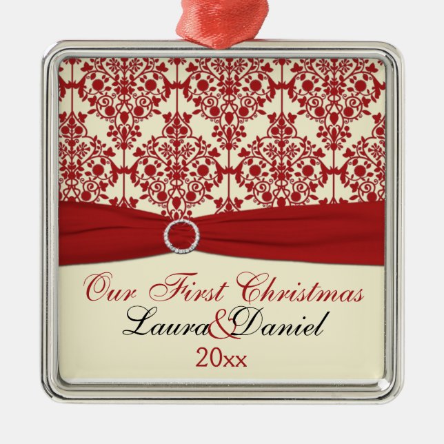 Cream and Red Damask First Christmas Ornament (Front)