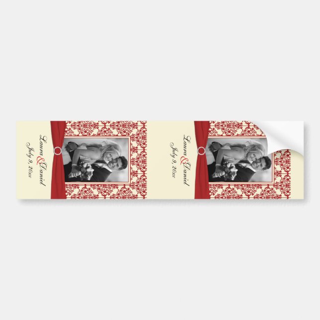 Cream and Red Damask Photo Template Wine Label (Front)