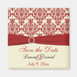 Cream and Red Damask Save the Date Magnet