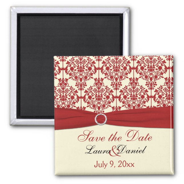 Cream and Red Damask Save the Date Magnet (Front)