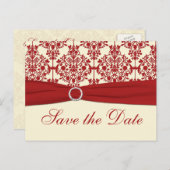 Cream and Red Damask Save the Date Postcard (Front/Back)