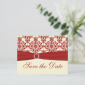 Cream and Red Damask Save the Date Postcard (Standing Front)