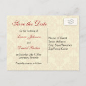 Cream and Red Damask Save the Date Postcard (Back)