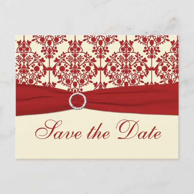 Cream and Red Damask Save the Date Postcard (Front)