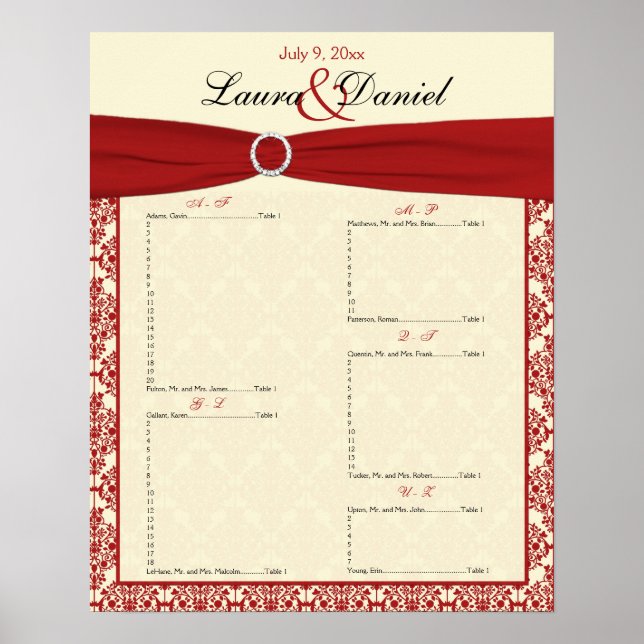 Cream and Red Damask Seating Chart (Front)