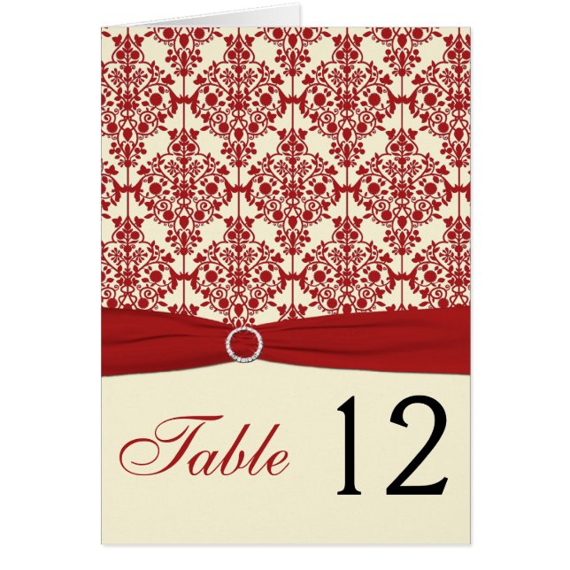 Cream and Red Damask Table Number Card (Front)
