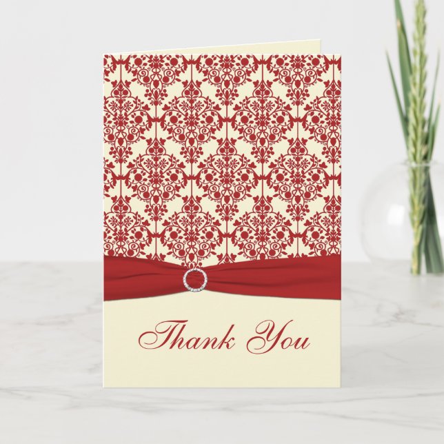 Cream and Red Damask Thank you Card (Front)