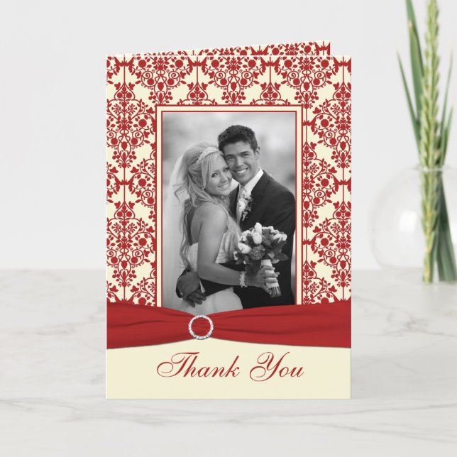 Cream and Red Damask Thank You Card with Photo (Front)