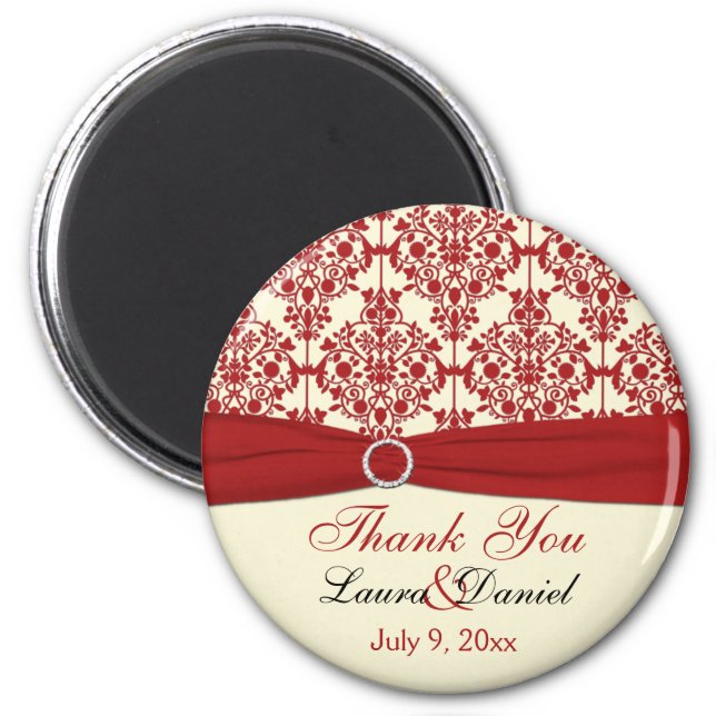 Cream and Red Damask Thank You Magnet (Front)