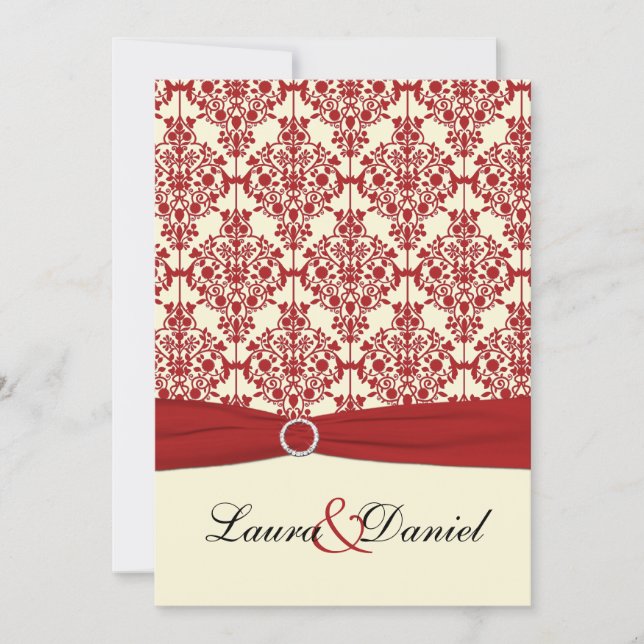 Cream and Red Damask Wedding Invitation (Front)