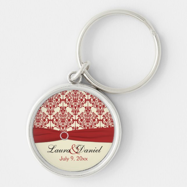 Cream and Red Damask Wedding Keepsake Keychain (Front)