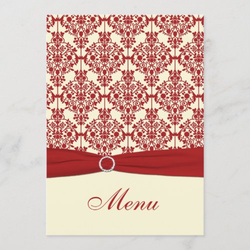 Cream and Red Damask Wedding Menu Card