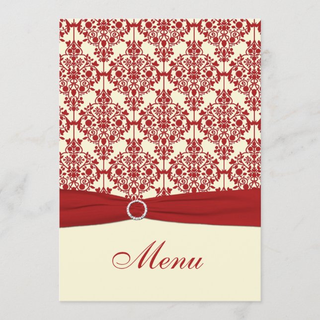 Cream and Red Damask Wedding Menu Card (Front)