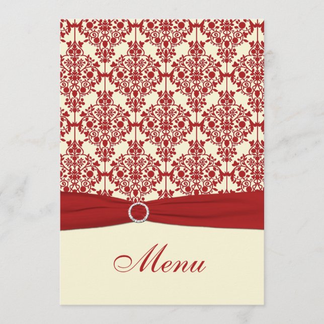 Cream and Red Damask Wedding Menu Card (Front)