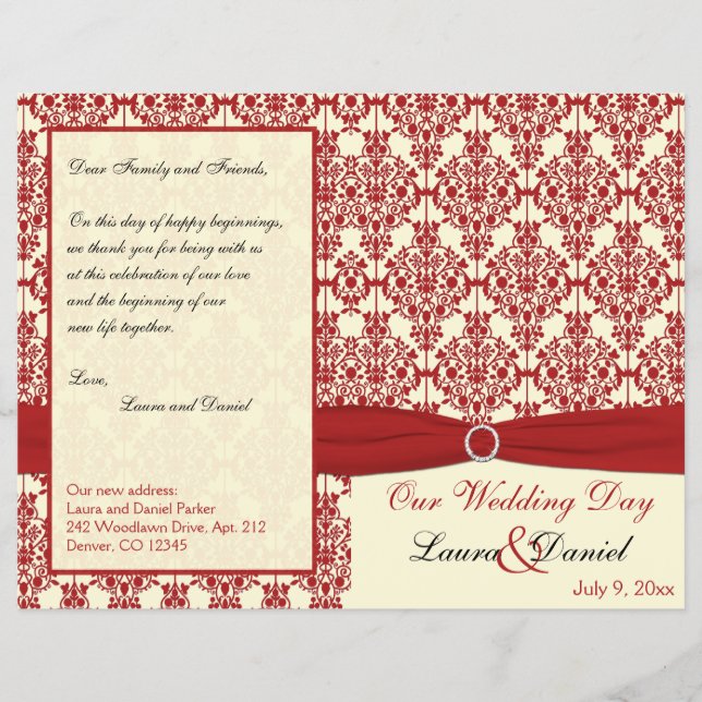 Cream and Red Damask Wedding Program (Front)