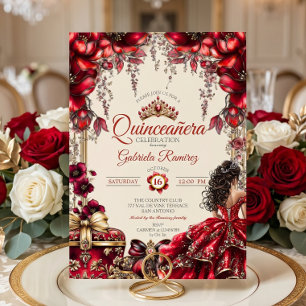 Cream and Red Golden Tiara Floral Quinceañera Invitation