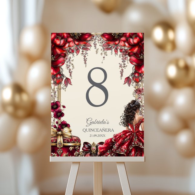 Cream and Red Golden Tiara Floral Quinceañera  Table Number (Creator Uploaded)