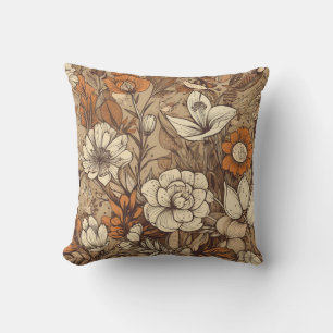 Cream and Rust Botanical Flowers on Warm Beige Throw Pillow