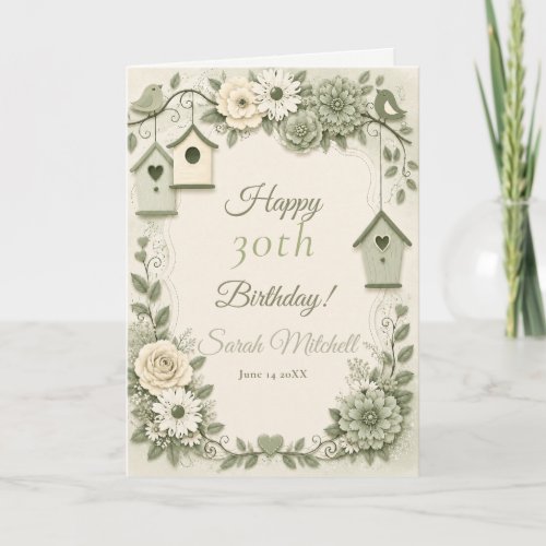 Cream and Sage Green Birthday Party Birthday Party Card