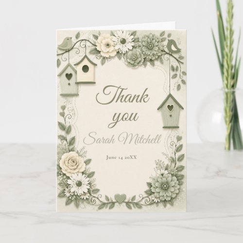 Cream and Sage Green Birthday Party Birthday Party Thank You Card
