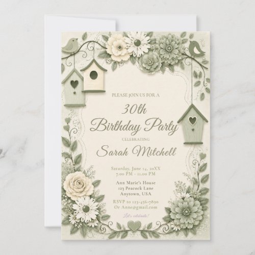 Cream and Sage Green Birthday Party Invitation