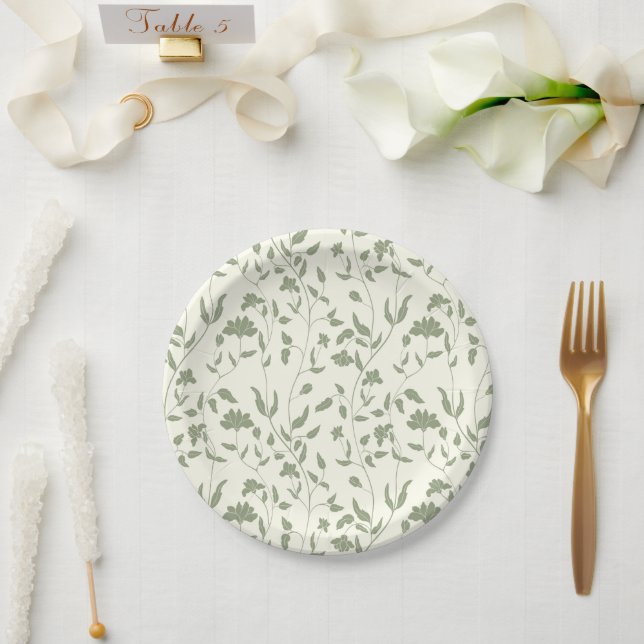 Cream and sage green floral Wedding Paper Plates (Wedding)