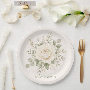 Cream and Sage Green Greenery Wedding Paper Plates