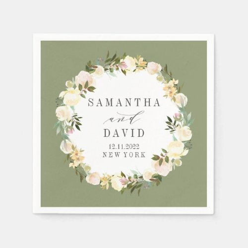 Cream and Sage Wedding floral personalized Napkins