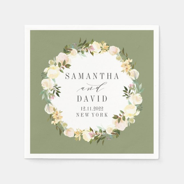 Cream and Sage Wedding floral personalized Napkins (Front)