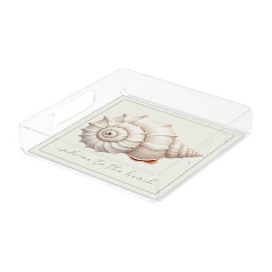 Cream and Tan Coastal Seashell Personalied Acrylic Tray