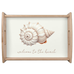 Cream and Tan Coastal Seashell Personalied Serving Tray