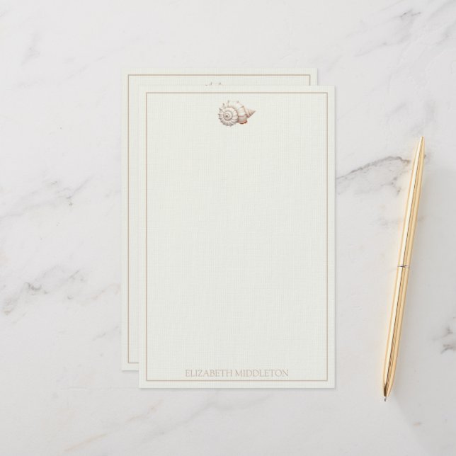 Cream and Tan Coastal Seashell Personalied Stationery (Front/Back In Situ)
