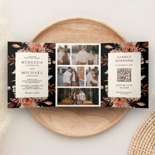Cream and Terracotta Floral QR Code Black Wedding Tri-Fold Invitation