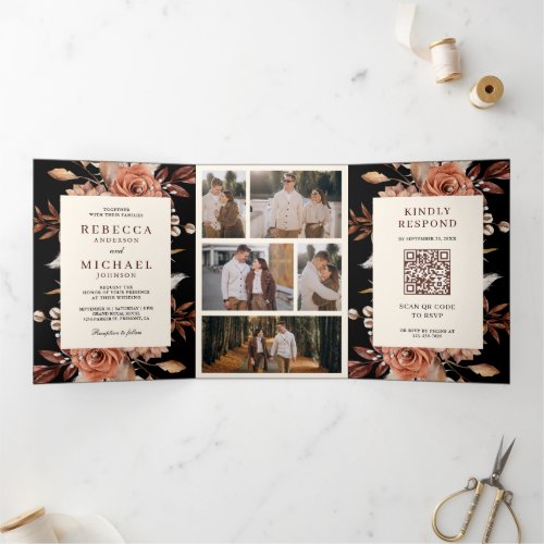 Cream and Terracotta Floral QR Code Black Wedding Tri_Fold Invitation