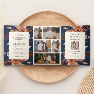 Cream and Terracotta Floral QR Code Navy Wedding Tri-Fold Invitation