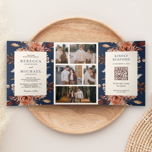 Cream and Terracotta Floral QR Code Navy Wedding Tri_Fold Invitation