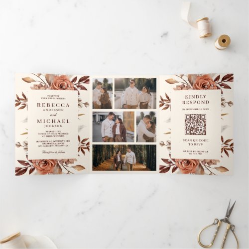 Cream and Terracotta Floral QR Code Wedding Tri_Fold Invitation