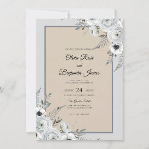 Cream Anemone Grey Wedding Invitation
