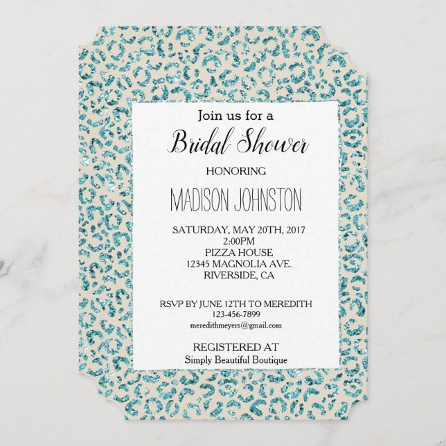 Cream Aqua Mint Glitter Leopard Animal  Invitation (Front/Back)