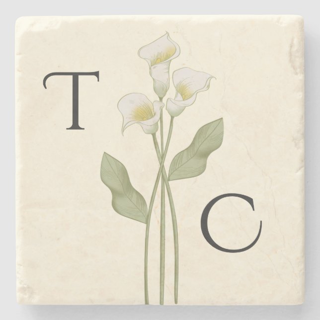 Cream Art Nouveau Lily Monogram Wedding Stone Coaster (Front)
