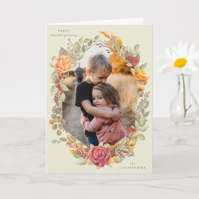 Cream Autumnal Florals Thanksgiving Photo Card (Small Plant)