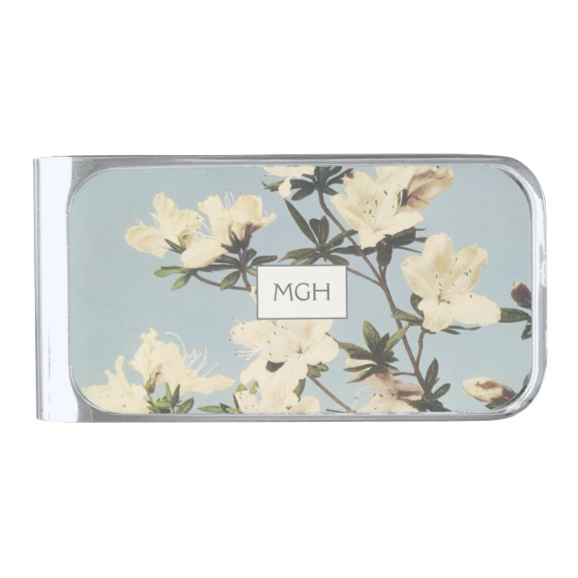Cream Azalea Flowers Monogram Silver Finish Money Clip (Front)